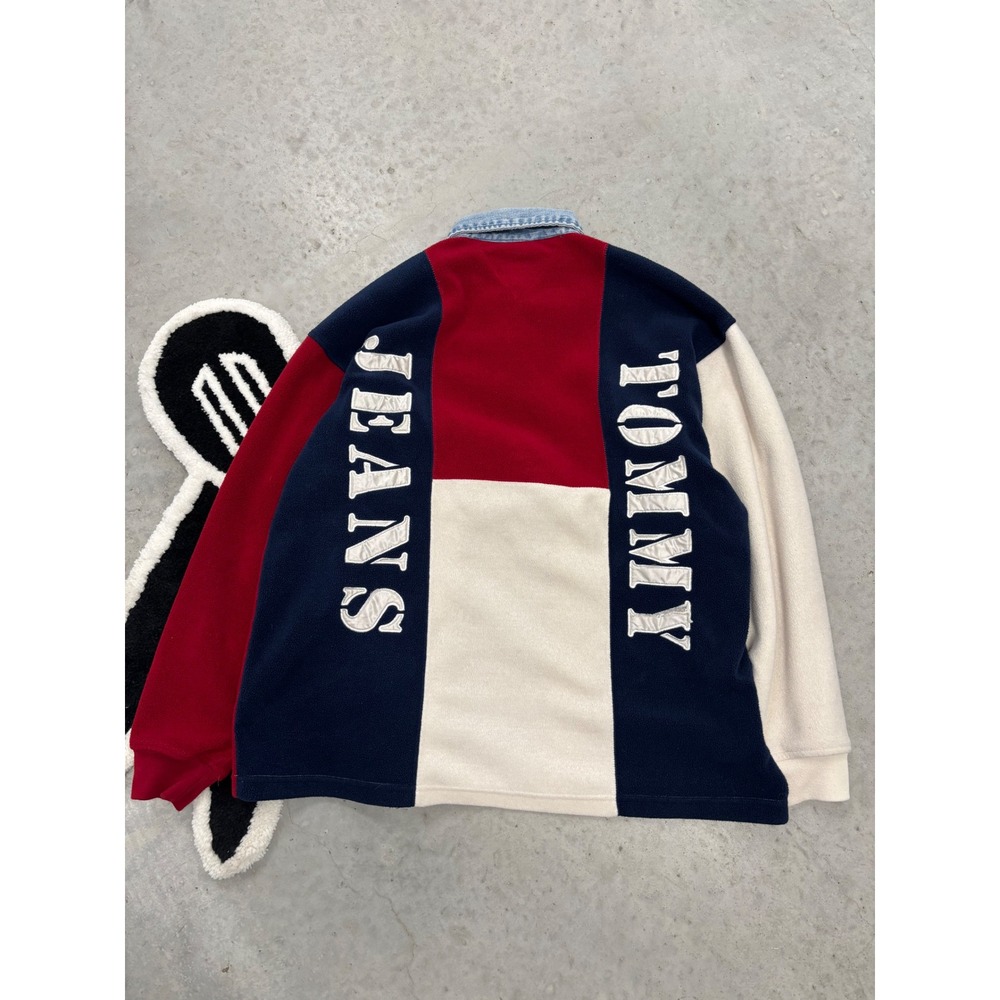 Vintage Tommy Jeans Fleece Rugby Shirt American Flag Denim Collar Large L 90s - Picture 2 of 6